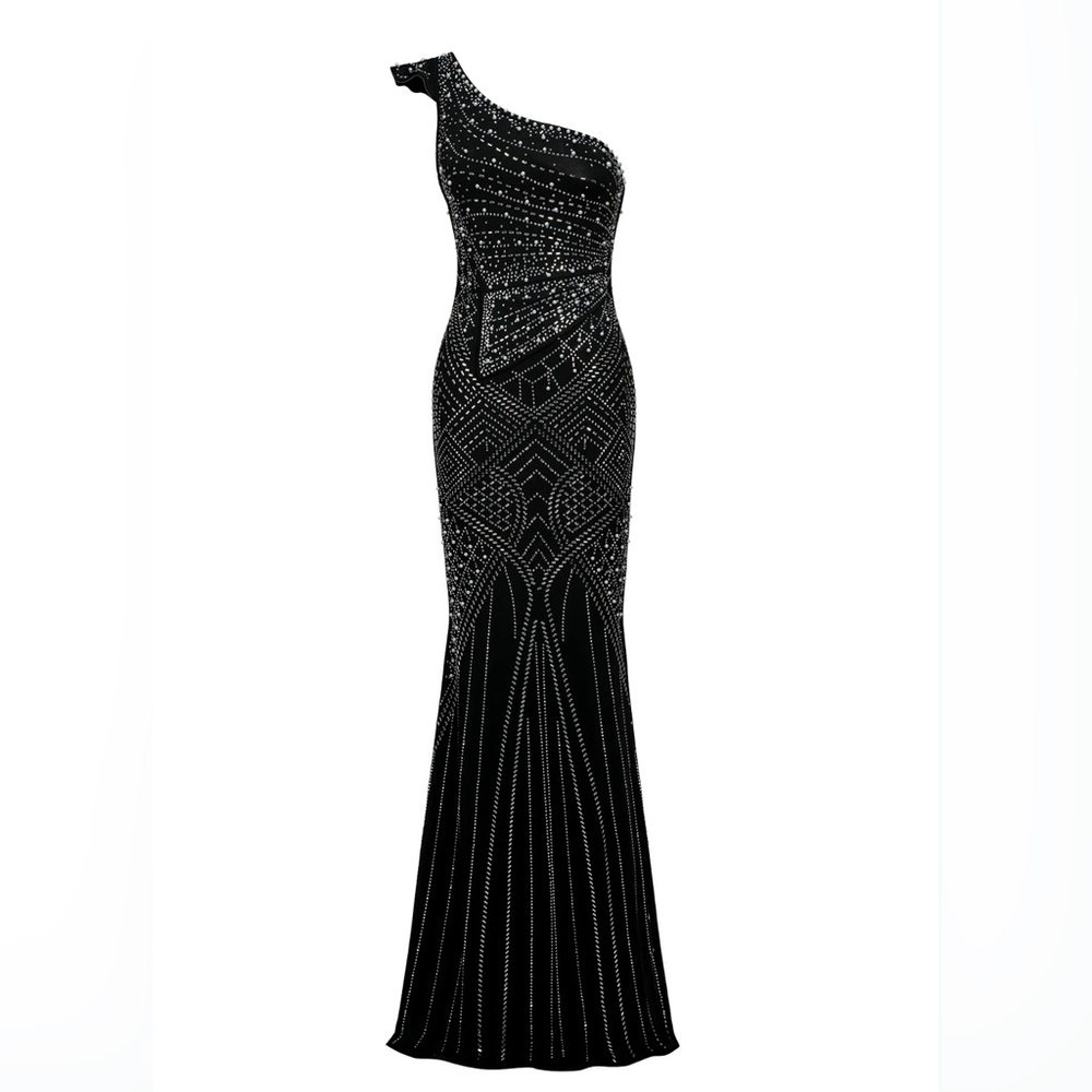 One Shoulder Black Beaded Dress